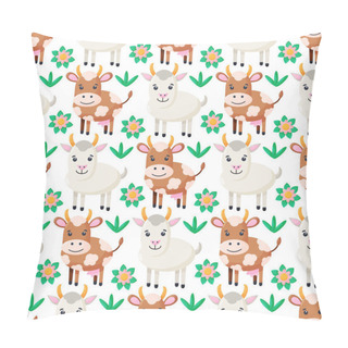 Personality  Seamless Pattern With Stylized Farm Animals And Flowers. Vector Background With Goat And Cow. Pillow Covers