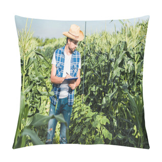 Personality  Handsome Farmer Checking Harvest With Clipboard In Field At Farm  Pillow Covers