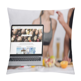 Personality  KYIV, UKRAINE - DECEMBER 28, 2019: Selective Focus Of Laptop With Depositphotos Website Near Couple In Kitchen  Pillow Covers