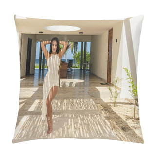 Personality  A Gorgeous Latin Model Poses Under A Bamboo Ceiling, Making Beautiful Shapes On The Tile Floor. Pillow Covers