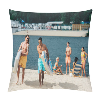 Personality  Handsome Multicultural Men Walking On Beach And Holding Surfing Boards Pillow Covers