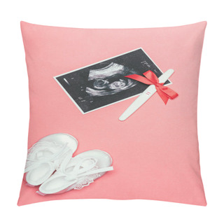 Personality  Top View Of Arrangement Of Childish Shoes, Ultrasound Scan And Pregnancy Test With Ribbon Isolated On Pink Pillow Covers