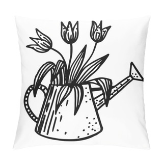 Personality  Black And White Vector Flowers In A Watering Can Hand-drawn In Doodle Style Pillow Covers