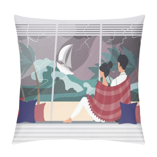 Personality  Couple Character, Male, Female Watching Storm Natural Disaster, High Wave Flat Vector Illustration. Water Cataclysm, Dangerous Sea. Pillow Covers