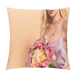 Personality  Cropped View Of Elegant Woman In Violet Satin Dress Holding Bouquet Of Flowers Isolated On Beige With Copy Space Pillow Covers