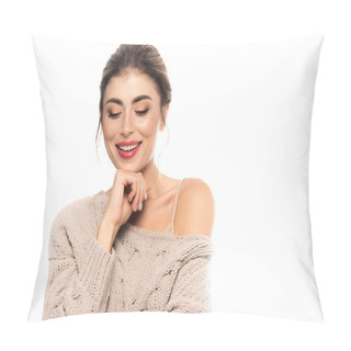 Personality  Joyful Woman In Fashionable Sweater Posing With Hand Near Chin Isolated On White Pillow Covers