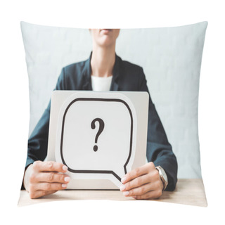 Personality  Cropped View Of Woman Holding Black Speech Bubble With Question Mark Near Desk  Pillow Covers