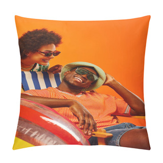 Personality  Pleased Young African American Woman In Sunglasses And Stylish Summer Outfit Standing Near Best Friend In Panama Hat Relaxing On Deck Chair Isolated On Orange, Friends In Trendy Casual Attire Pillow Covers