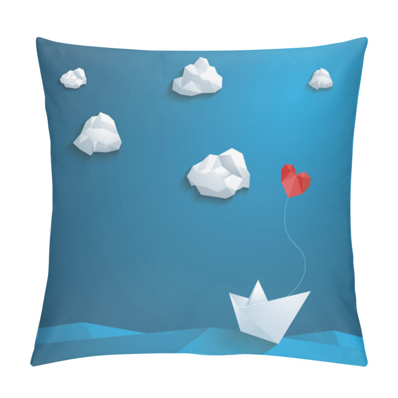 Personality  Valentine's day card design template. Low poly paper boat with heart shaped balloon sailing over the waves. Blue sky and polygonal clouds. pillow covers