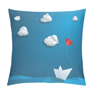 Personality  Valentine's Day Card Design Template. Low Poly Paper Boat With Heart Shaped Balloon Sailing Over The Waves. Blue Sky And Polygonal Clouds. Pillow Covers