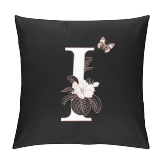 Personality  Letter I, Flowers Flowering Sakura Branches And Butterfly Isolated. Vector Decoration. Black, White And Gold. Vintage Illustration. Floral Pattern For Greetings, Wedding Invitations, Text Design. Pillow Covers