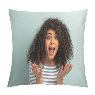 Personality  Irritated Mixed Race Girl Shouting At Camera And Showing Indignation Gesture On Grey Background Pillow Covers