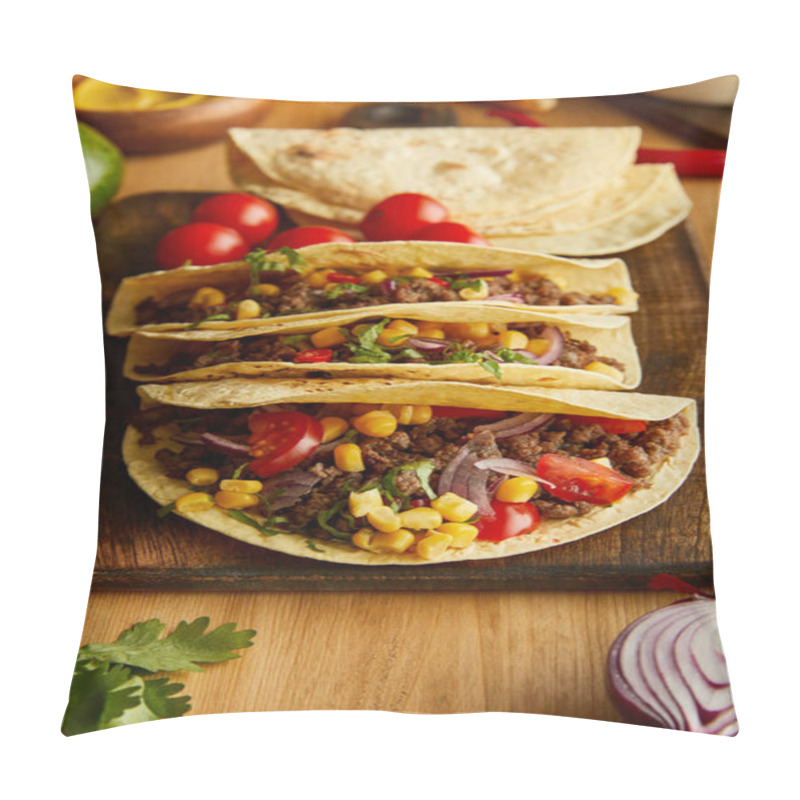 Personality  Fresh Tacos With Organic Ingredients On Wooden Background Pillow Covers