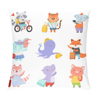 Personality  Cute Cartoon Animals Set, Raccoon, Tiger, Coala, Elephant, Octopus, Fox, Cat, Mouse, Piglet Travelling On Summer Vacation Vector Illustration On A White Background Pillow Covers