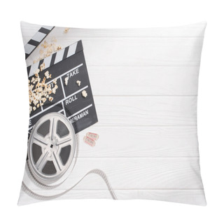 Personality  Flat Lay With Clapper Board, Filmstrips, Popcorn And Retro Cinema Tickets Arranged On White Wooden Tabletop Pillow Covers