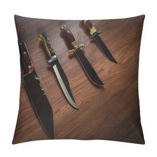 Personality  Hunting Knives Collection On Wood Table - Aggressive Survivor Tool Pillow Covers