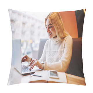 Personality  Cheerful Young Woman Excited With Sales On Web Store Page Making Shopping On Laptop Computer, Overjoyed Female Freelancer Amazed With Prosperous Income From Online Business Reading Mails On Netboo Pillow Covers
