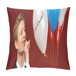 Personality  Emotional Man Bursting Balloons With Impeachment Lettering On Red Background Pillow Covers