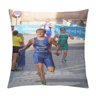 Personality  STOCKHOLM, SWEDEN - AUG 23, 2015: Tough Fight Between Group Of Running Triathletes In The Men's ITU World Triathlon Series Event August 23, 2015 In Stockholm, Sweden Pillow Covers