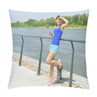 Personality  Young Fit Woman Resting After Jogging By The River In City. Hand Pillow Covers
