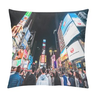 Personality  New York City, United States - Mar 31, 2019: Crowded People, Car Traffic Transportation And Billboards Displaying Advertisement At Night In Times Square. American Lifestyle Or Modern City Life Concept Pillow Covers