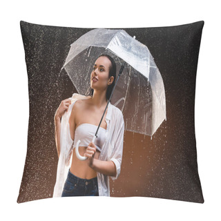Personality  Wet, Sexy Woman Looking Away While Standing With Umbrella Under Rain On Dark Background Pillow Covers