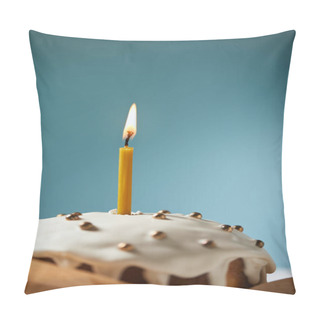 Personality  Easter Cake Decorated With Sprinkles And Burning Candle On Turquoise With Copy Space Pillow Covers
