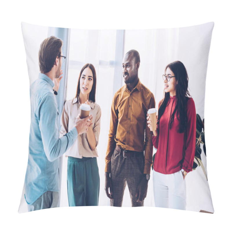 Personality  group of multicultural business people having conversation during coffee break in office pillow covers