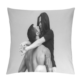 Personality  Love Story. Beautiful Young Couple Hugging. Couple Is Hugging. Passion Love Couple. Handsome Muscular Guy And Amazing Sexy Woman. Cosmopolitan Couple. Love And Flirt Pillow Covers