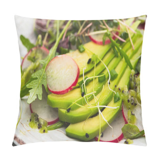 Personality  Close Up View Of Fresh Radish Salad With Greens And Avocado Pillow Covers