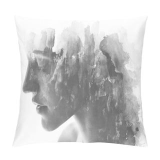 Personality  Paintography. Double Exposure. Close Up Of An Attractive Model C Pillow Covers