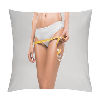 Personality  Cropped View Of Beautiful Slim Woman In Underwear Holding Measuring Tape  On Hips Isolated On Grey Pillow Covers