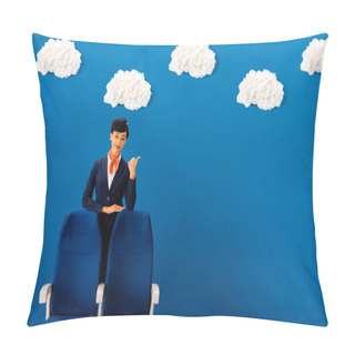 Personality  Smiling African American Flight Attendant Showing Like Near Seat On Blue Background With Clouds  Pillow Covers