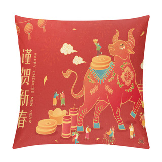 Personality  Miniature Asian People Walking Around A Bull With Floral Patterns, Concept Of Chinese Zodiac Sign Ox, Translation: Happy Chinese New Year Pillow Covers