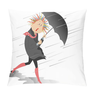 Personality  Strong Wind, Rain And Woman With An Umbrella Isolated Illustration. Cartoon Woman Trying To Protect Herself From The Strong Wind And Rain Using Umbrella Isolated Illustration  Pillow Covers