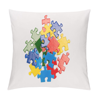 Personality  Top View Of Bright Multicolored Pieces Of Puzzle Isolated On White, Autism Concept Pillow Covers