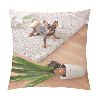 Personality  Mischievous Toy Terrier And Overthrown Houseplant Indoors Pillow Covers