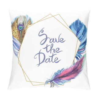 Personality  Colorful Feathers. Watercolor Bird Feather From Wing Isolated. Aquarelle Feather For Background, Texture, Wrapper Pattern, Frame Or Border. Frame Border With Save The Date Sign Pillow Covers