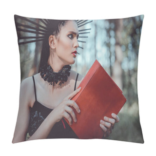Personality  Beautiful Woman In Witch Costume Standing On Forest Background, Holding Red Book, Looking Away Pillow Covers