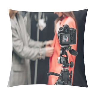 Personality  Selective Focus Of Digital Camera With Happy Stylist Touching Jacket On Model Pillow Covers