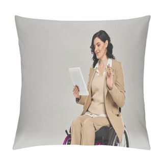 Personality  Cheerful Beautiful Disabled Woman In Pastel Attire In Wheelchair Waving At Tablet During Video Call Pillow Covers