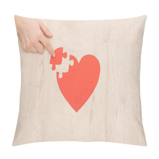 Personality  Partial View Of Woman Pointing With Finger To Puzzle Of Heart  Pillow Covers