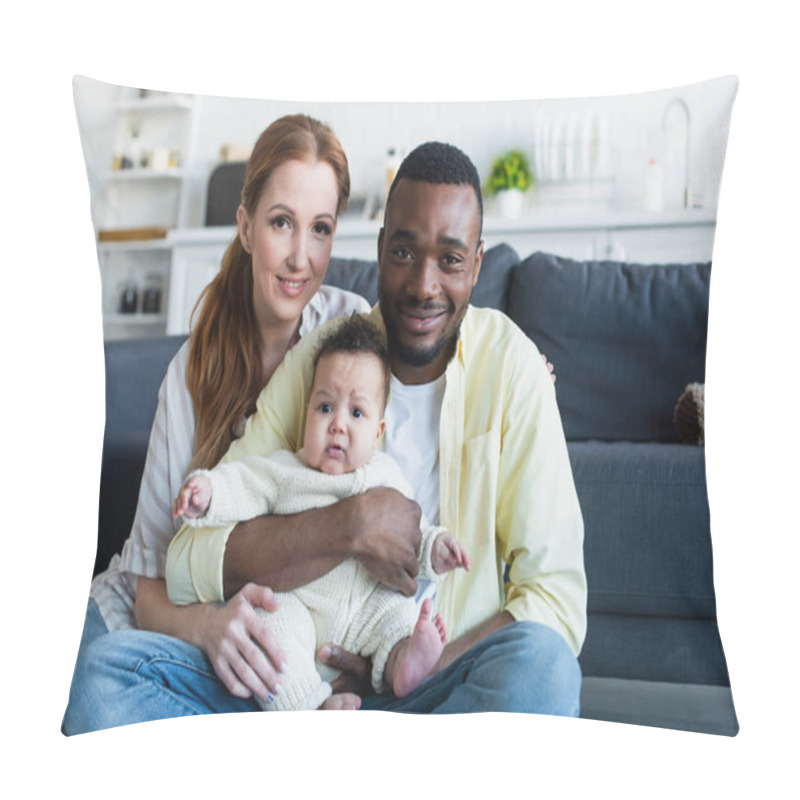Personality  Joyful Interracial Couple With Infant Child Smiling At Camera Pillow Covers