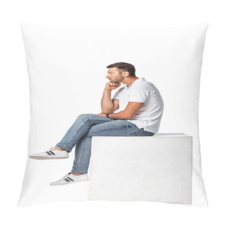 Personality  Side View Of Pensive Man In Denim Jeans Sitting On Cube On White Pillow Covers