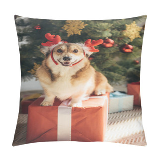 Personality  Funny Welsh Corgi Dog In Deer Horns Sitting On Gift Box Under Christmas Tree  Pillow Covers