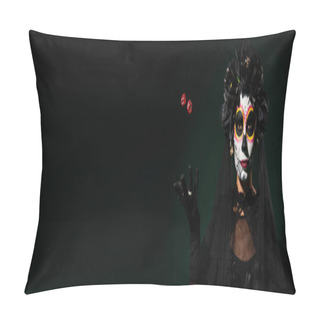 Personality  Woman In Mexican Day Of Dead Costume And Makeup Throwing Dice On Dark Green Background, Banner  Pillow Covers