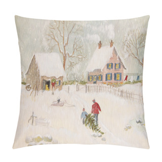 Personality  Winter Scene Of A Farm With People, Digitally Altered Pillow Covers