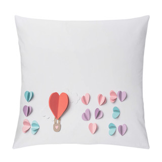 Personality  Top View Of Love Lettering Made Of Colorful Paper Hearts And Air Balloon With Clouds On White Background Pillow Covers