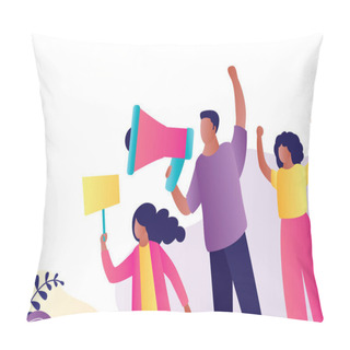 Personality  Group Of Protesters. African American People With Placards And Loudspeaker. Various Characters Isolated On White, Place For Text, Template Banner. Protest Movement. Vector Illustration Pillow Covers