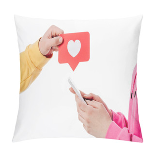 Personality  Cropped View Of Man Holding Red Paper Cut Card With Heart Symbol And Woman Using Smartphone Isolated On White Pillow Covers